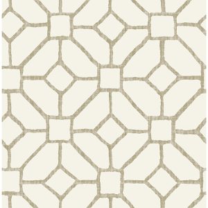 A classic trellis wallpaper is elevated with unexpected detailing. The geometric structure is formed from linework colored a variety of beige and neutral hues, the dimensional frame offset by crisp white. Addis is an unpasted, non woven wallpaper.