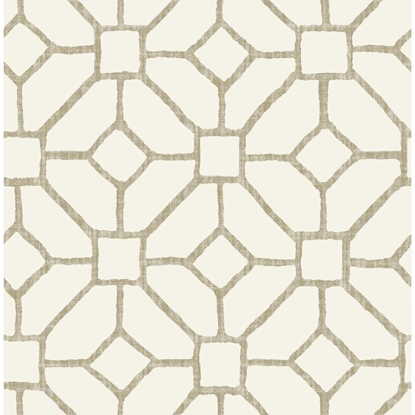 A classic trellis wallpaper is elevated with unexpected detailing. The geometric structure is formed from linework colored a variety of beige and neutral hues, the dimensional frame offset by crisp white. Addis is an unpasted, non woven wallpaper.