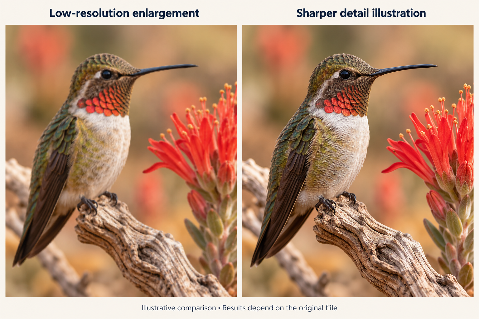 Illustrative comparison of a soft hummingbird image enlargement and a sharper version with more defined feathers and wood texture.
