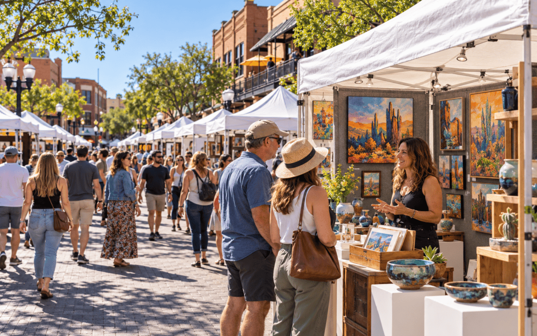 Visitors browse paintings and ceramics at white artist booths along a sunny downtown Arizona street.