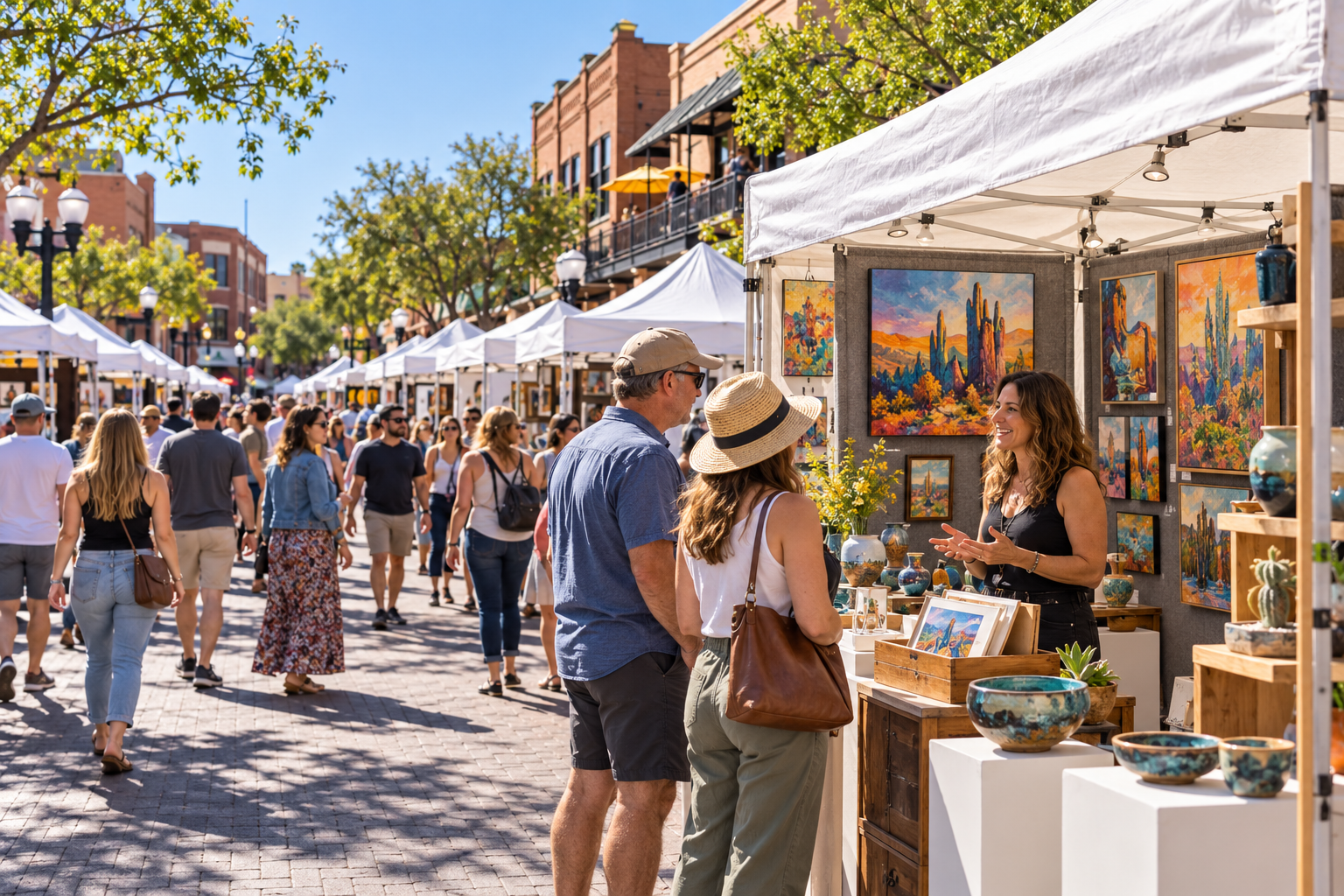 Visitors browse paintings and ceramics at white artist booths along a sunny downtown Arizona street.