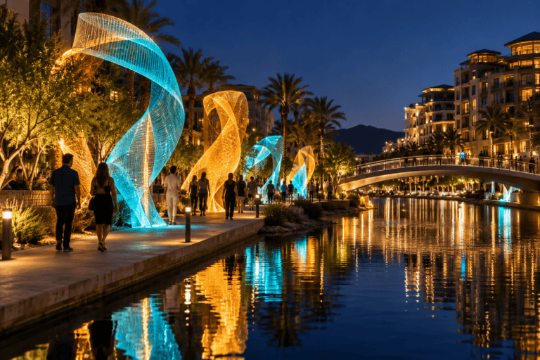 AI-generated illustration: Illuminated turquoise and amber sculptures beside a canal at night