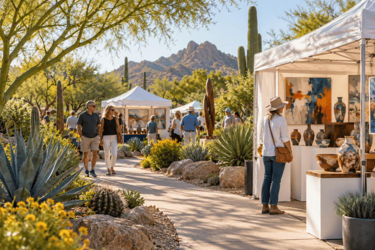 AI-generated illustration: Visitors browsing paintings and ceramics in a desert garden