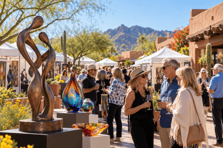 AI-generated illustration: Outdoor sculpture and glass displays at an art and wine festival