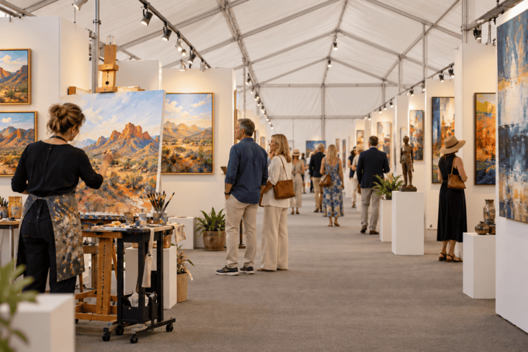 AI-generated illustration: Visitors walking through a tented exhibition of working artist studios