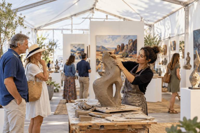 AI-generated illustration: A sculptor demonstrating clay work inside a tented exhibition