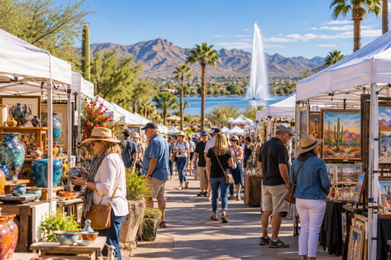 AI-generated illustration: White artist booths with a fountain and desert hills in the distance