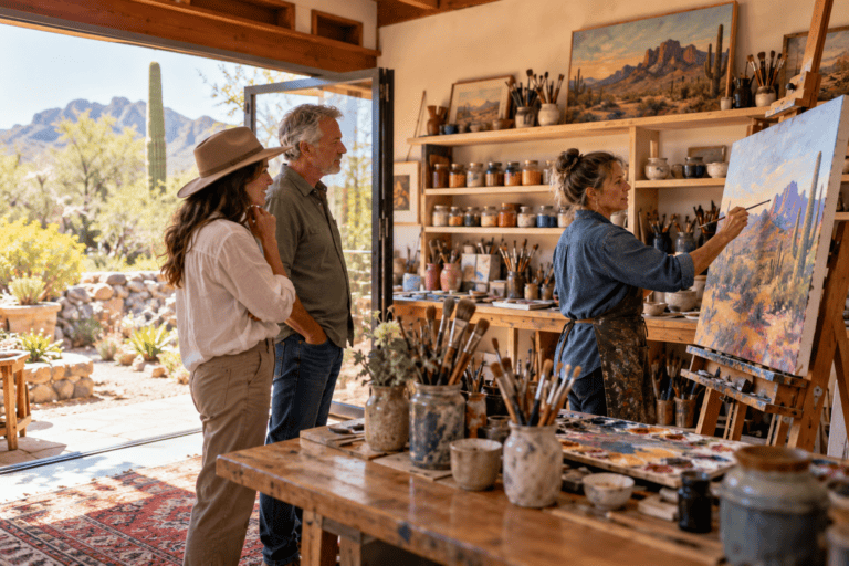 AI-generated illustration: An artist painting in her studio as visitors watch