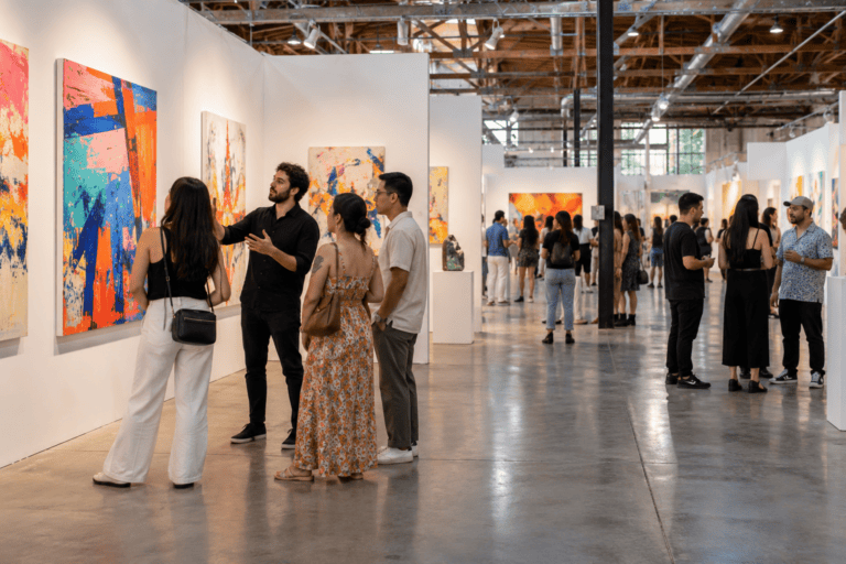 AI-generated illustration: Visitors discussing abstract paintings at an indoor art fair