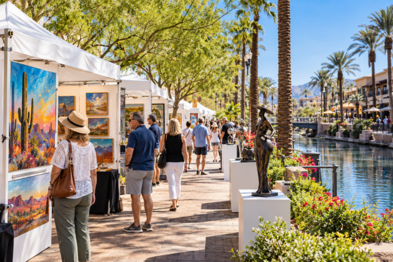 AI-generated illustration: Art booths along a sunny canal promenade